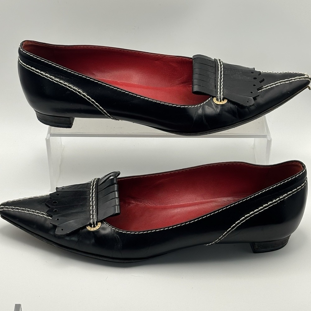 Vintage CELINE Paris Black Leather Kiltie Loafers White Stitch 38 B Made‎ Italy - Picture 4 of 11